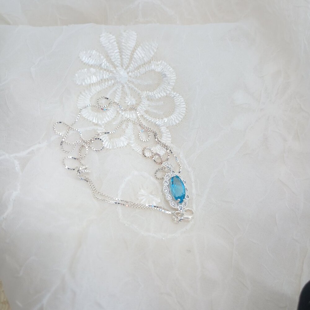 Blue Topaz Cubic Zirconia JC 925 Sterling Silver Necklace 18" Box Included ~ NIB - Picture 4 of 9